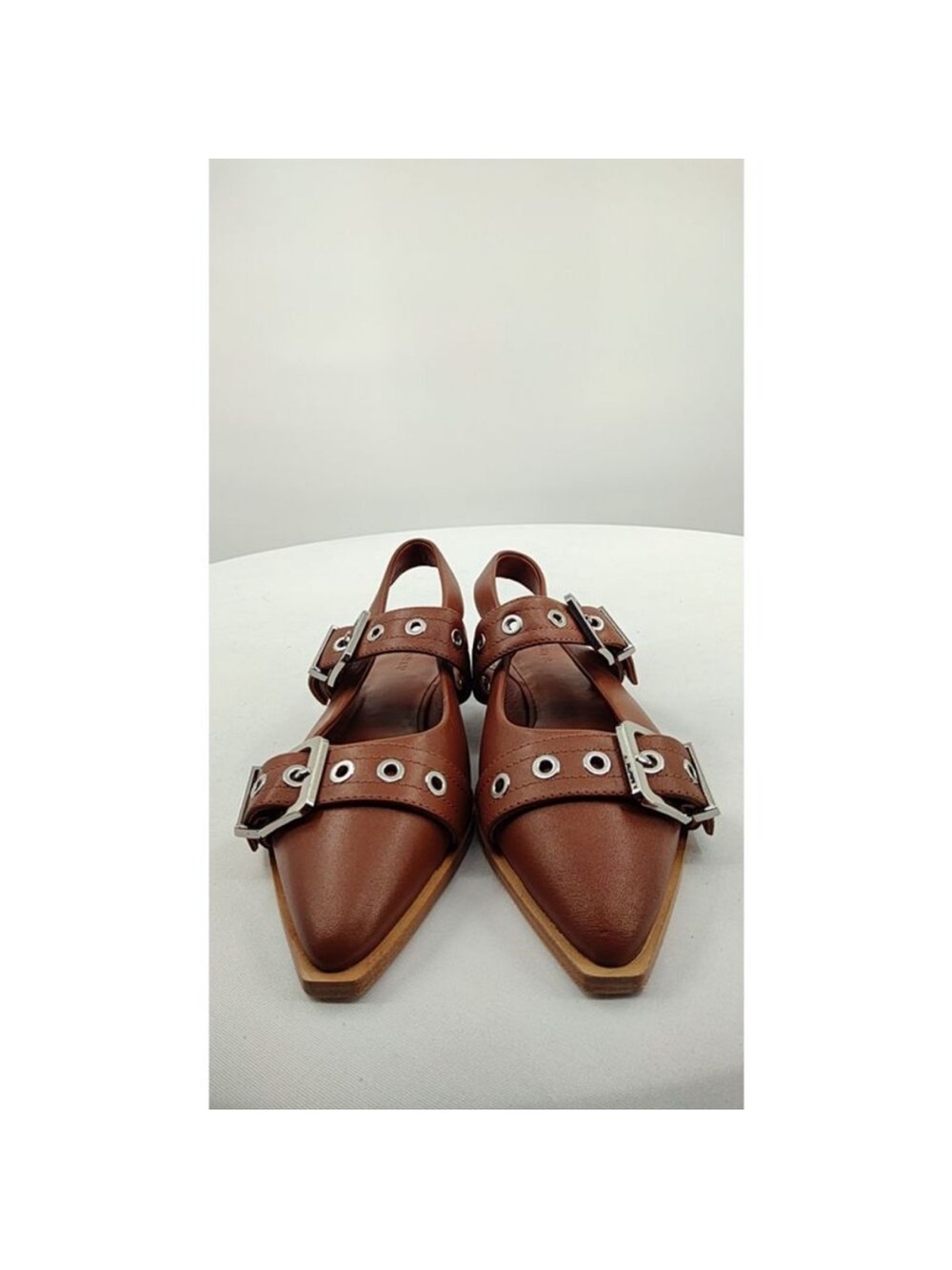 Quince Italian Leather Bold Buckle Slingback Flat Cognac Shoes Size 6